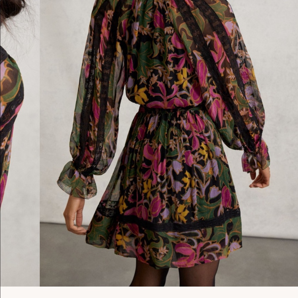 Anthropologie Genevieve Lace Mini Dress black long sleeve floral gauze S SP - Picture 3 of 11